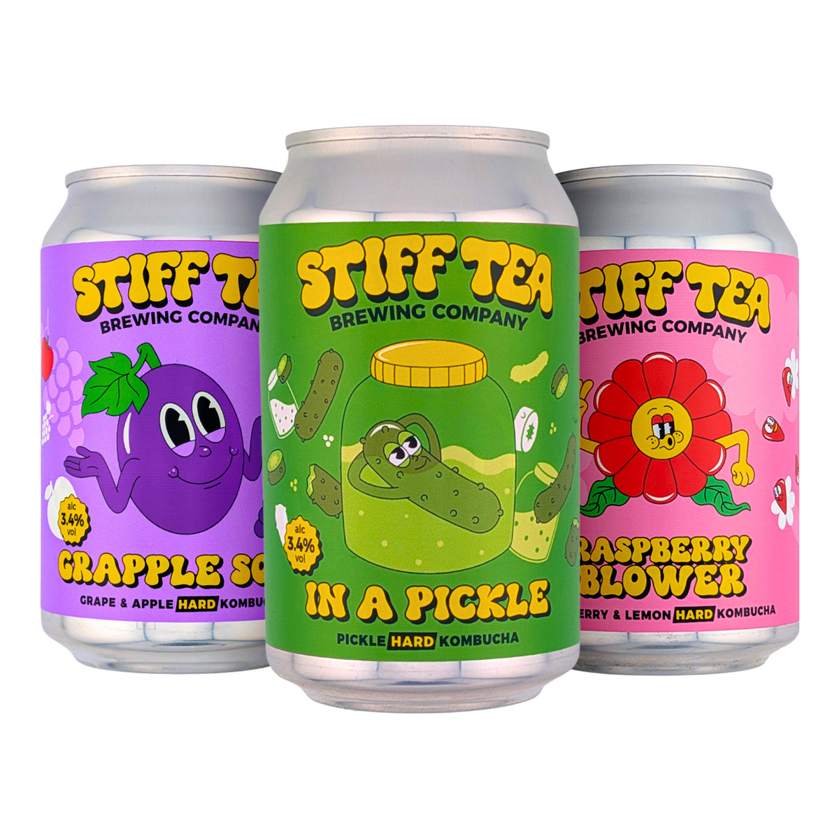 3 Cans of Stiff Tea Hard Kombucha on a white background
