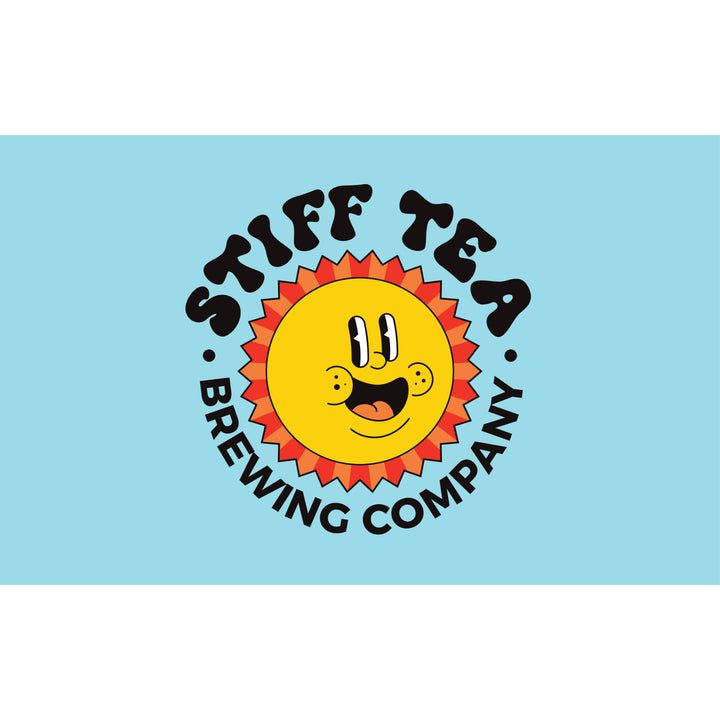 Stiff Tea Brewing Company logo featuring a smiling yellow sun with a red-orange sunburst and bold black text on a light blue background.