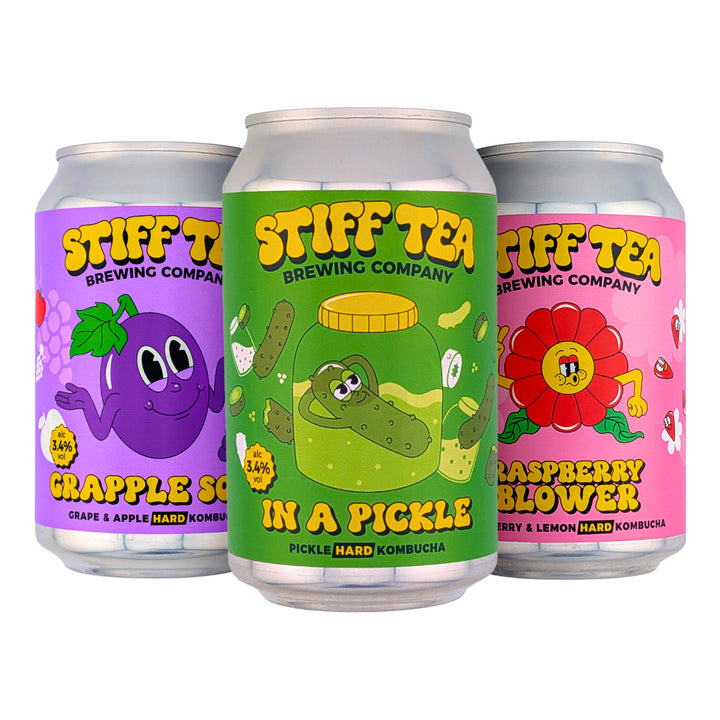 3 Cans of Stiff Tea Hard Kombucha on a white background